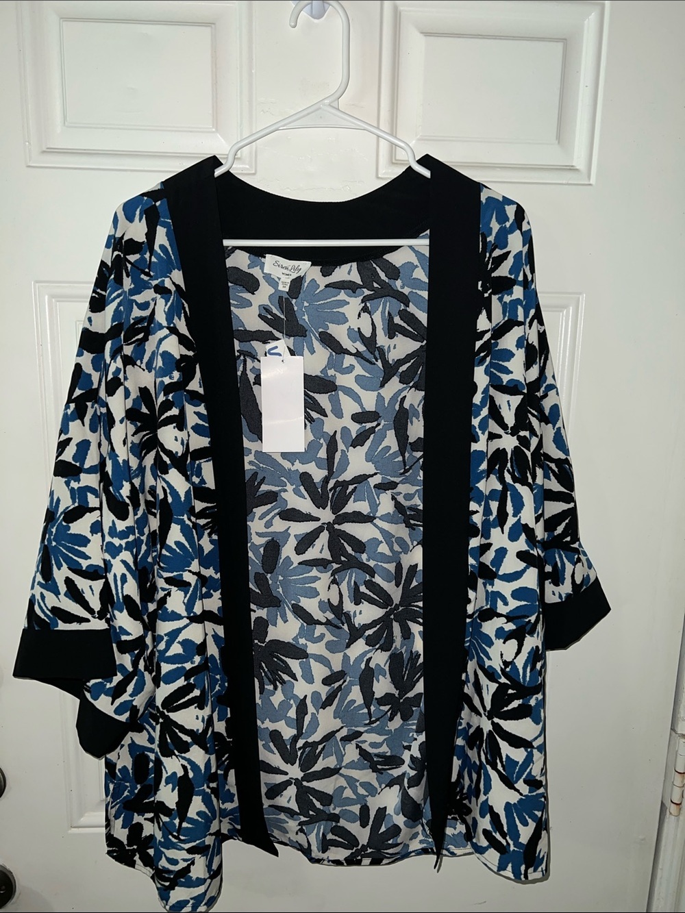 Siren Lily Blue Black White Floral Open Front Tunic